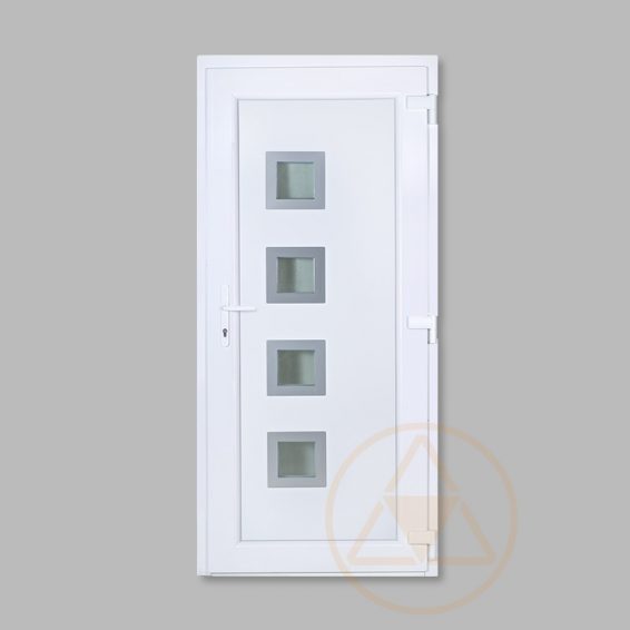 Bihar aszimetrikus mart paneles, alu rátétes műanyag bejárati ajtó Bihar aszimetrikus mart paneles, alu rátétes műanyag bejárati ajtó