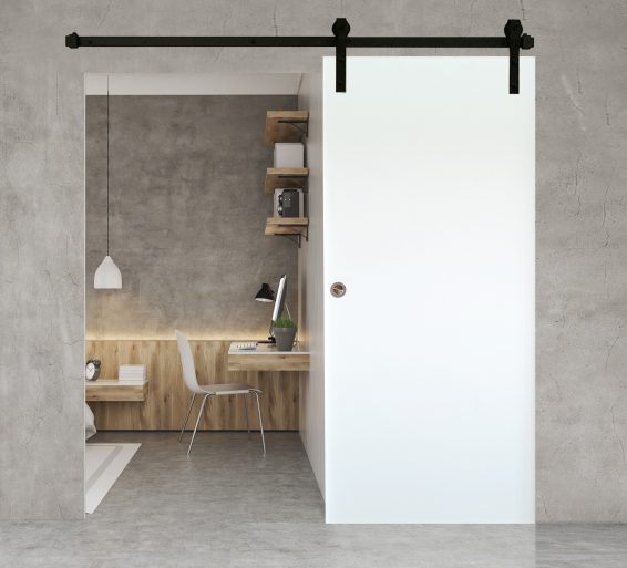 Fehér HDF tolóajtó fekete sínnel Fehér HDF tolóajtó fekete sínnel