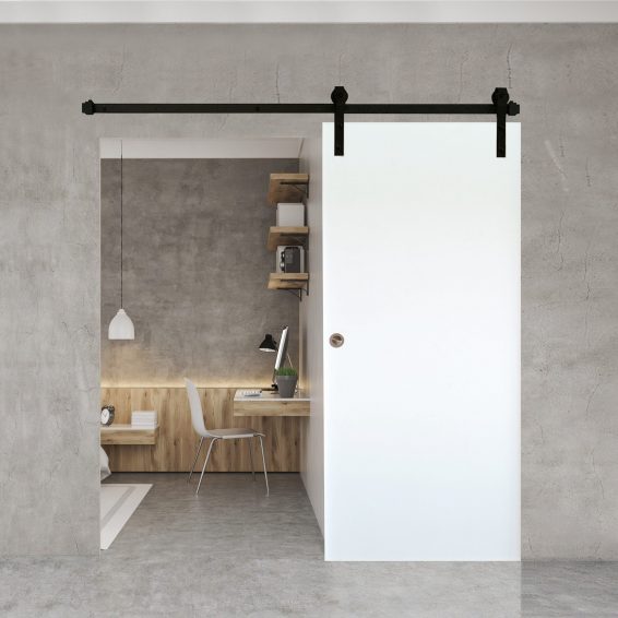 Fehér HDF tolóajtó fekete sínnel Fehér HDF tolóajtó fekete sínnel